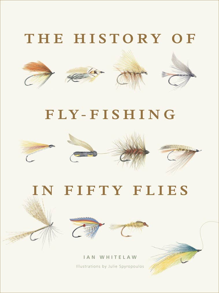 Book cover of 'The History of Fly-Fishing in Fifty Flies' with illustrations of fly fishing lures.