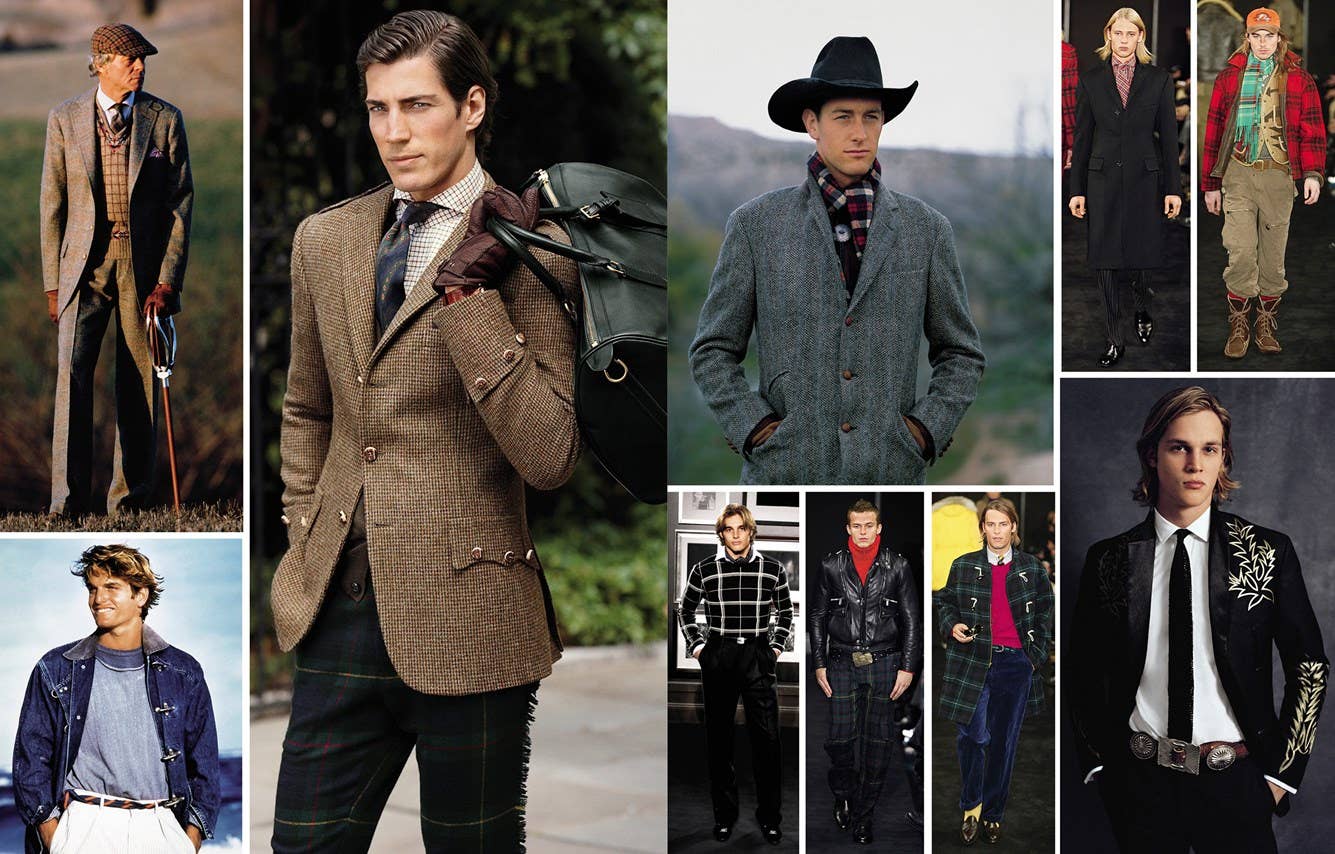 Collage of men in various outfits including suits, jackets, and hats.