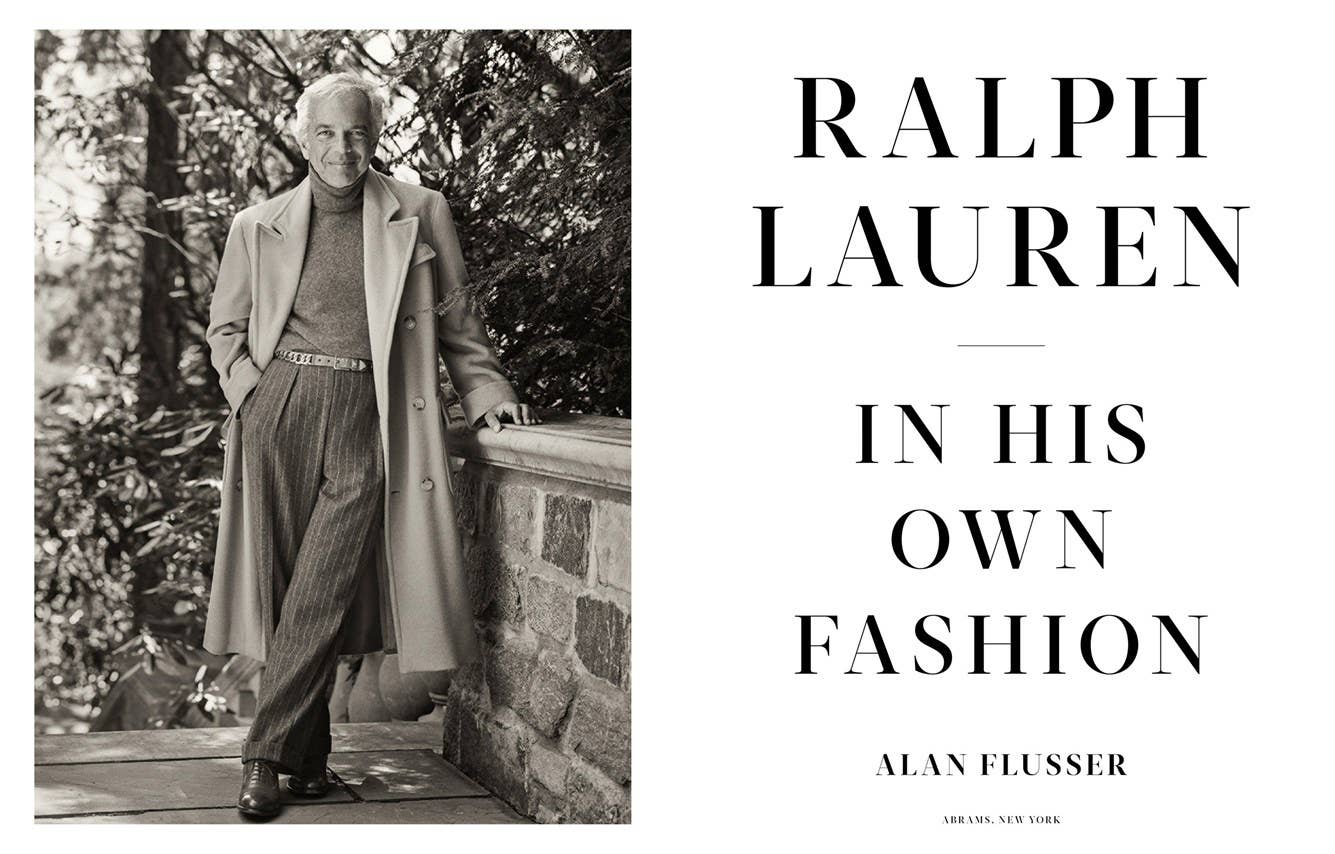 Book cover of 'Ralph Lauren: In His Own Fashion' with a black and white photo of a man in a coat.