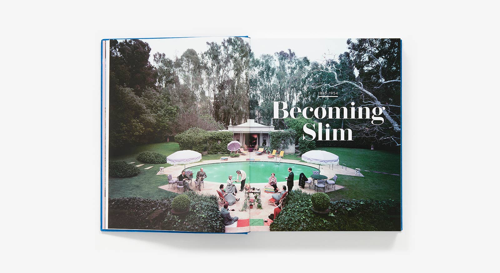 Book titled 'Becoming Slim' with a pool and garden scene on the cover