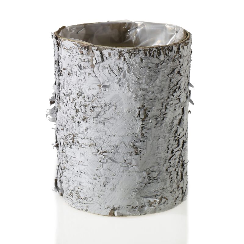 Cylindrical container with a textured surface resembling birch bark on a white background