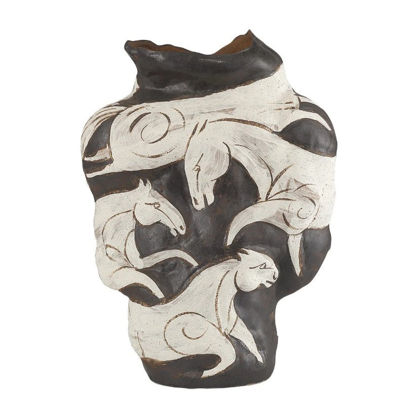 Black and White Vase with painted horses