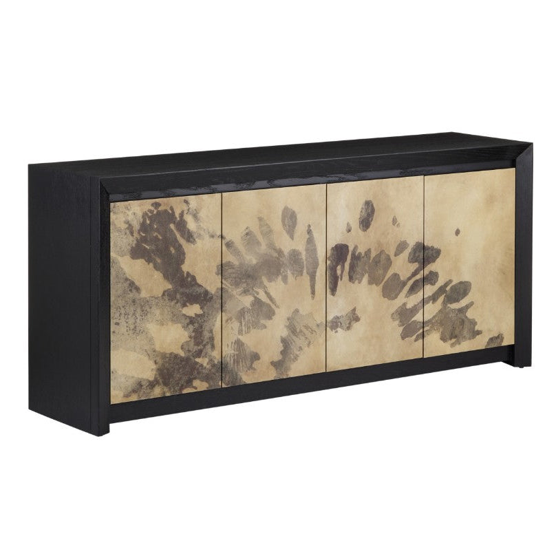 A modern sideboard cabinet with a glossy black frame and four doors featuring a textured, organic pattern in beige and brown tones, shown against a plain white background.