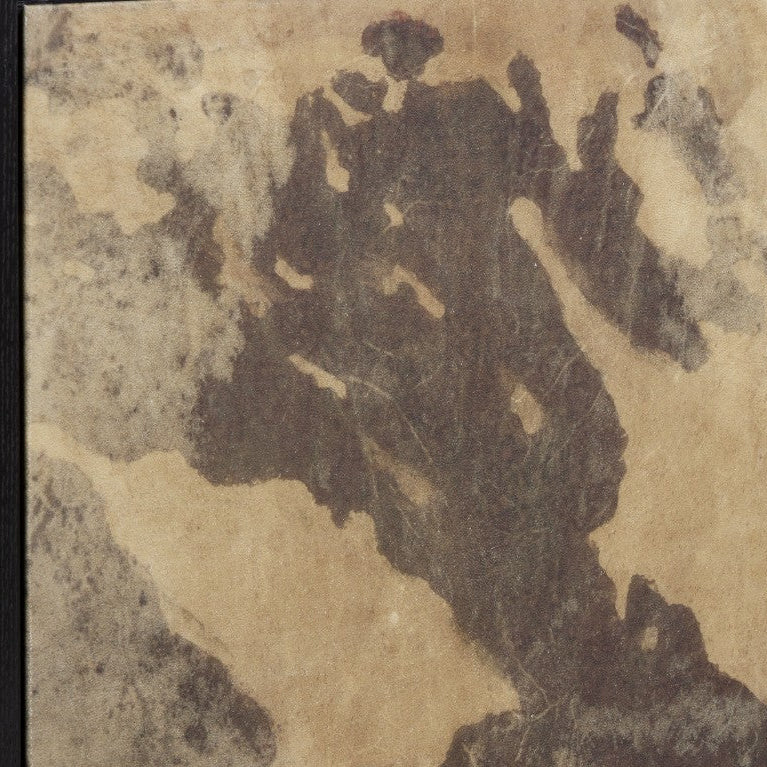 A close-up of a textured surface featuring an abstract marbled pattern in dark brown and warm beige tones, with a black vertical edge visible on the left.