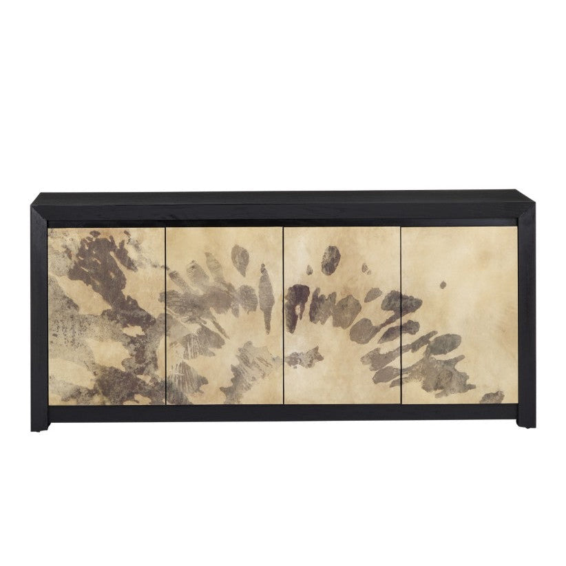 A modern sideboard cabinet with a black frame and four doors featuring a natural animal print pattern in beige and brown, shown against a plain white background.