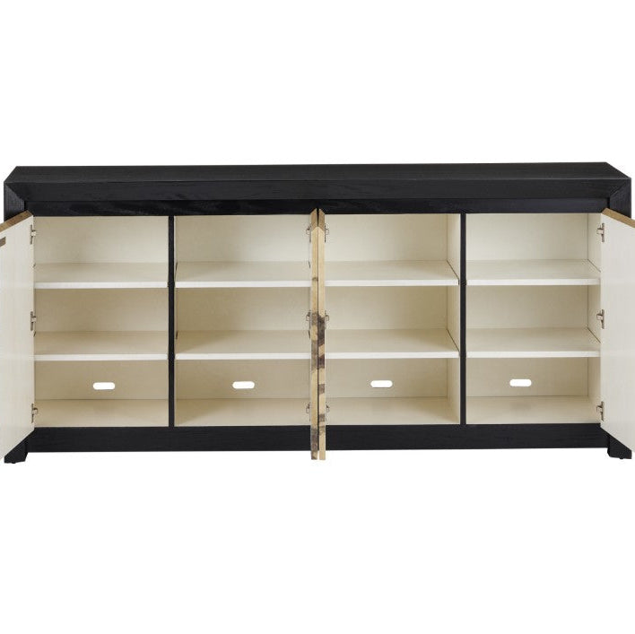 A modern sideboard cabinet with a glossy black top and base, cream-colored interior shelves, and open doors with a gold-toned marbled pattern, shown against a plain white background.
