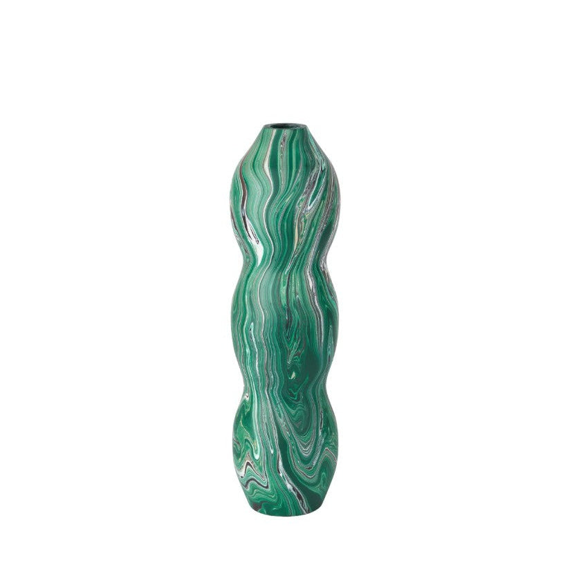 Vase is a seed-pod shaped decorative accessory with surfaces covered in marbling.