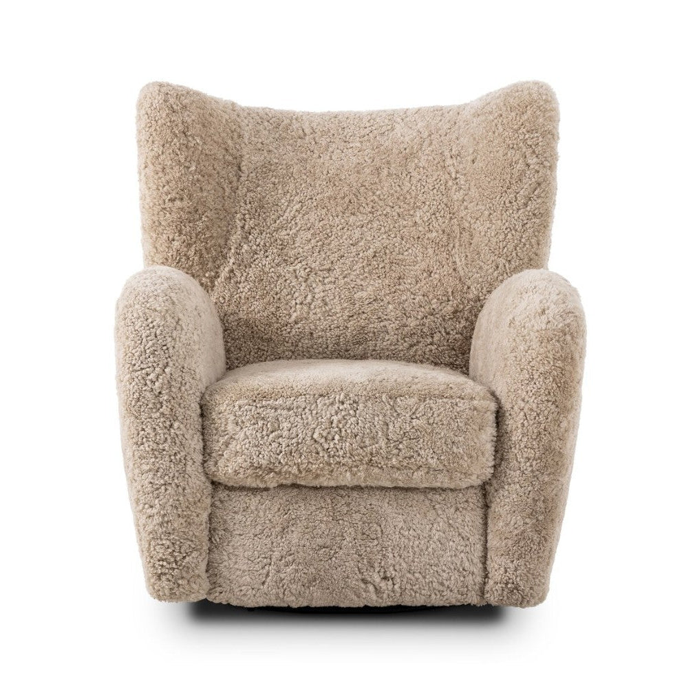 A plush, high-back armchair upholstered in a textured, shaggy bouclé fabric in a warm beige color, shown against a plain white background.