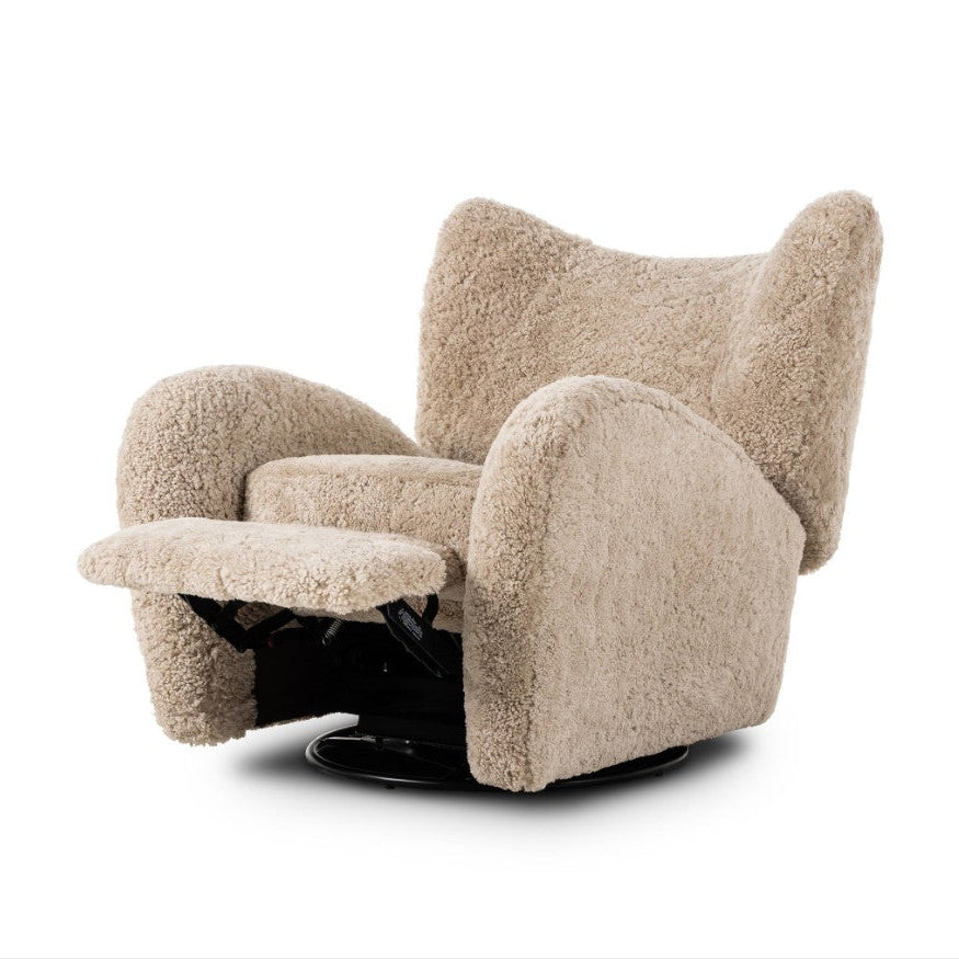 A modern low-profile swivel recliner upholstered in a textured, shaggy beige bouclé fabric, shown with the footrest extended on a black swivel base against a white background.