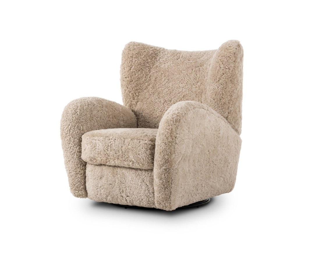 A plush, high-back swivel armchair upholstered in a textured bouclé fabric in a light beige color, shown against a plain white background.