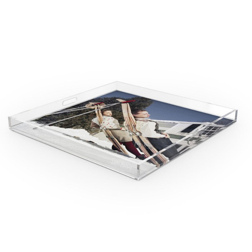 A square clear acrylic photo tray with a printed image of a couple on a swing, shown on a clean white background.