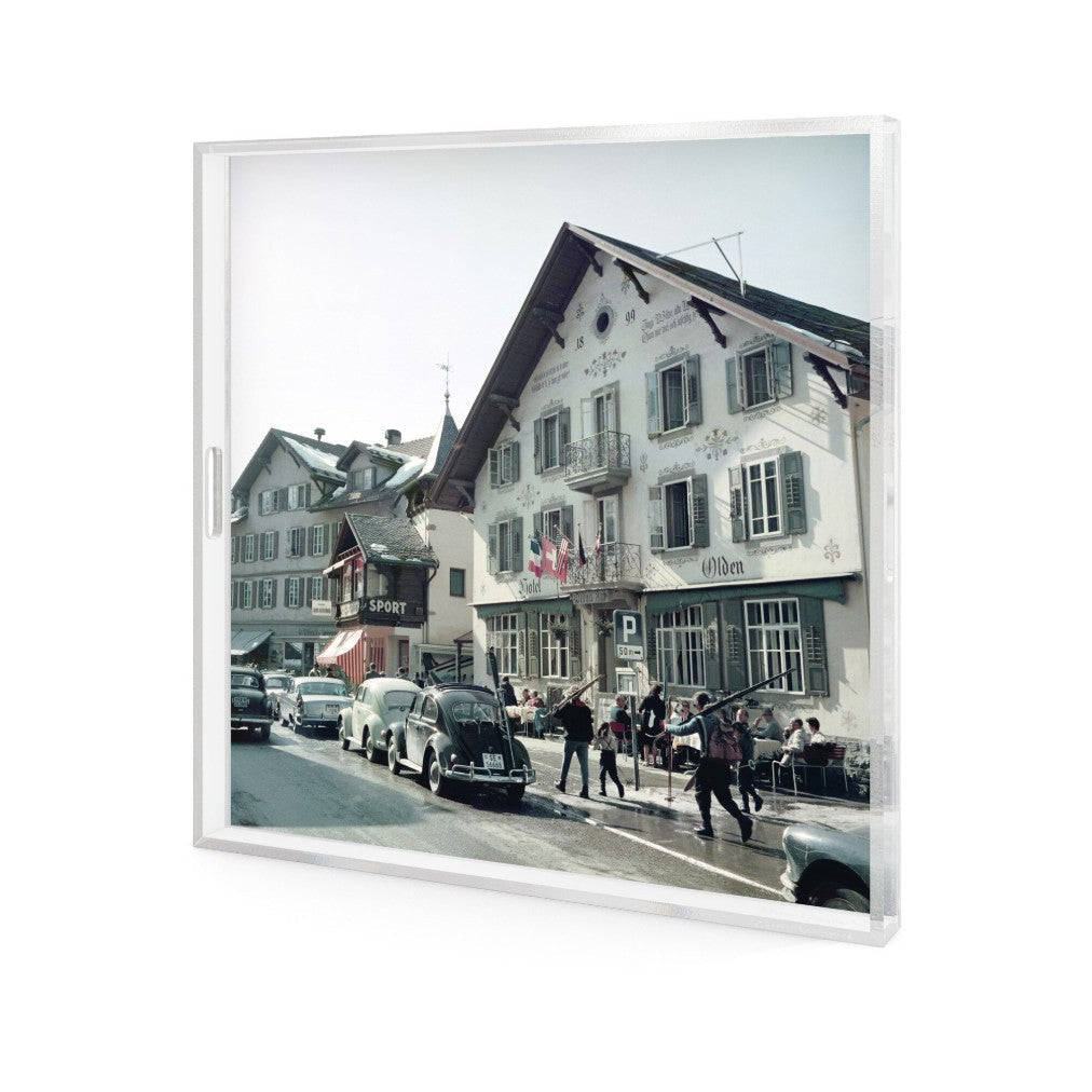 Framed photograph of a street scene with vintage cars and buildings.