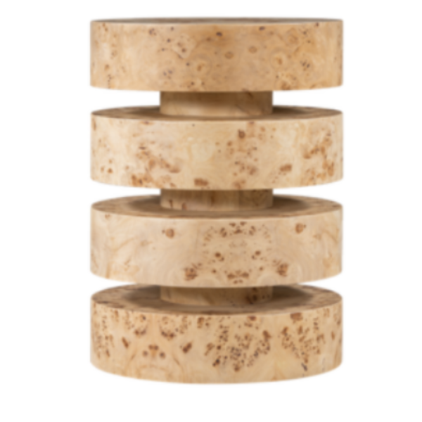 A cylindrical wooden side table with a stacked design, featuring natural wood grain patterns.