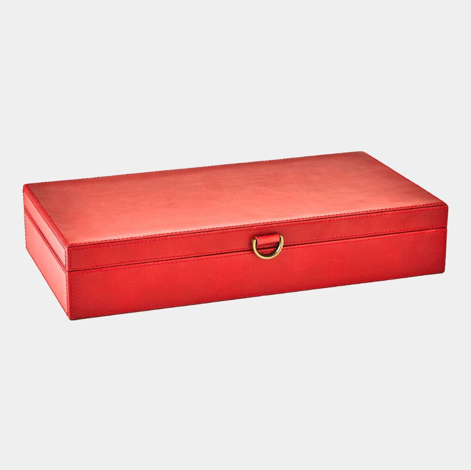 Red jewelry box with a gold handle on a light gray background