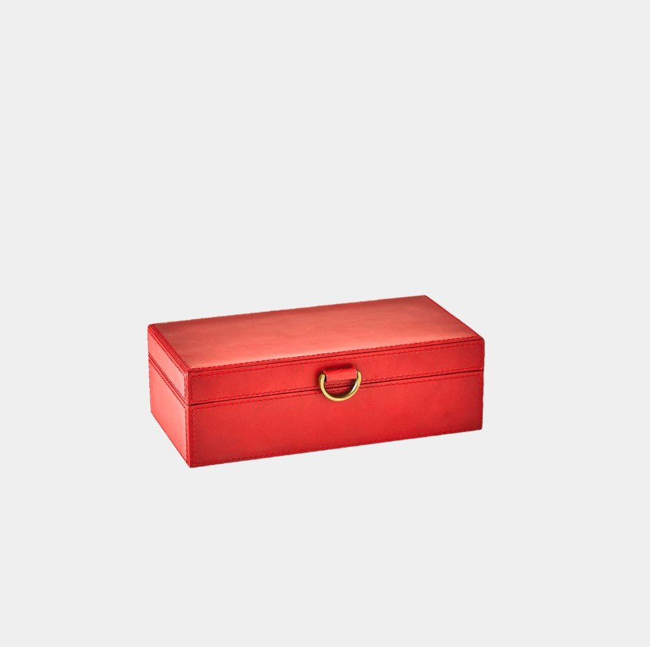 Red jewelry box with a gold clasp on a light gray background