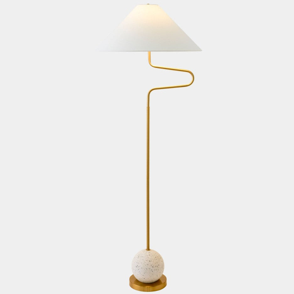 Floor lamp with a white shade and gold curved arm on a light gray background