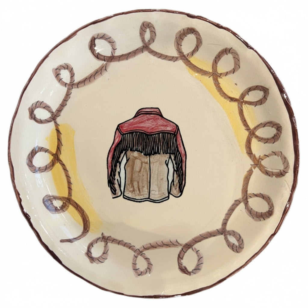 Ceramic plate with a coat illustration on a decorative border