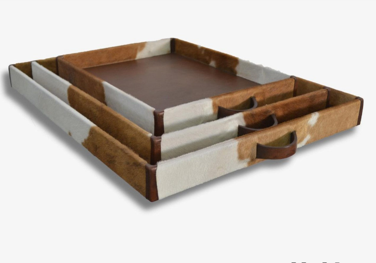 Brown and White Cowhide Tray