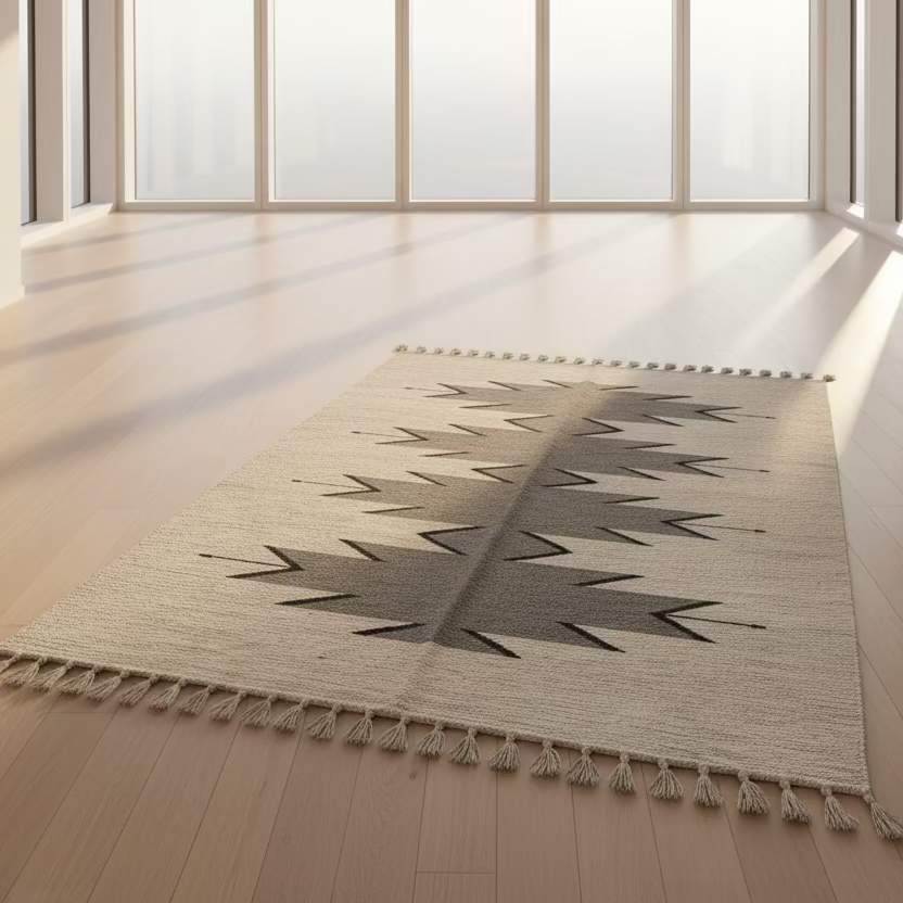 Patterned rug on a wooden floor with large windows in the background