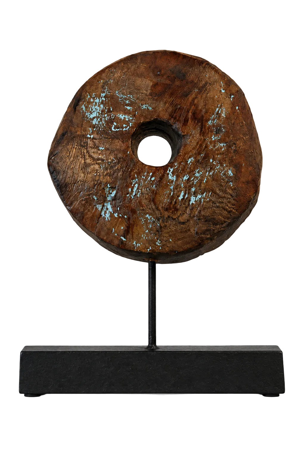 Round Antique Carved Wood Panel on Stand with Blue Paint