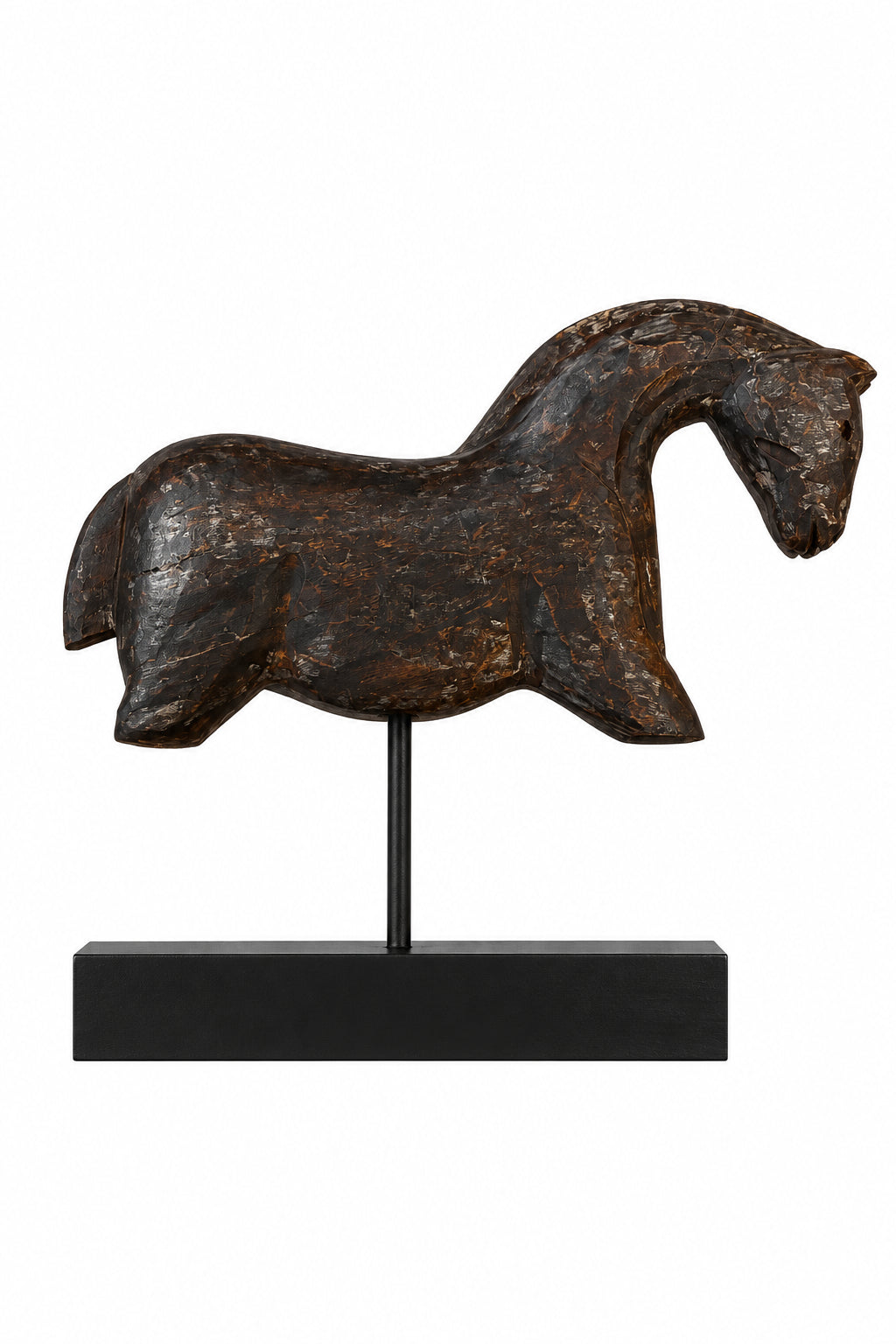 Vintage Hand Carved Dark Wood Horse on Stand