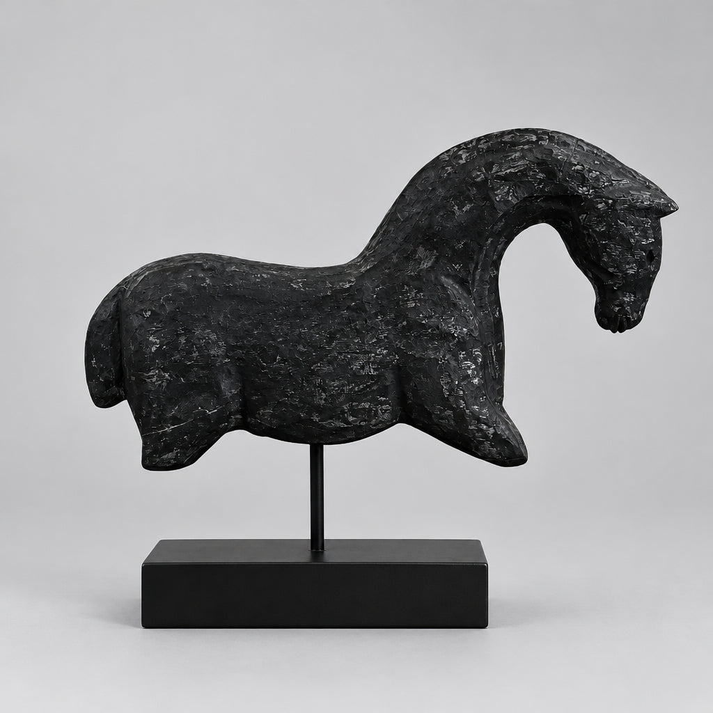 Vintage Hand Carved Dark Wood Horse on Stand