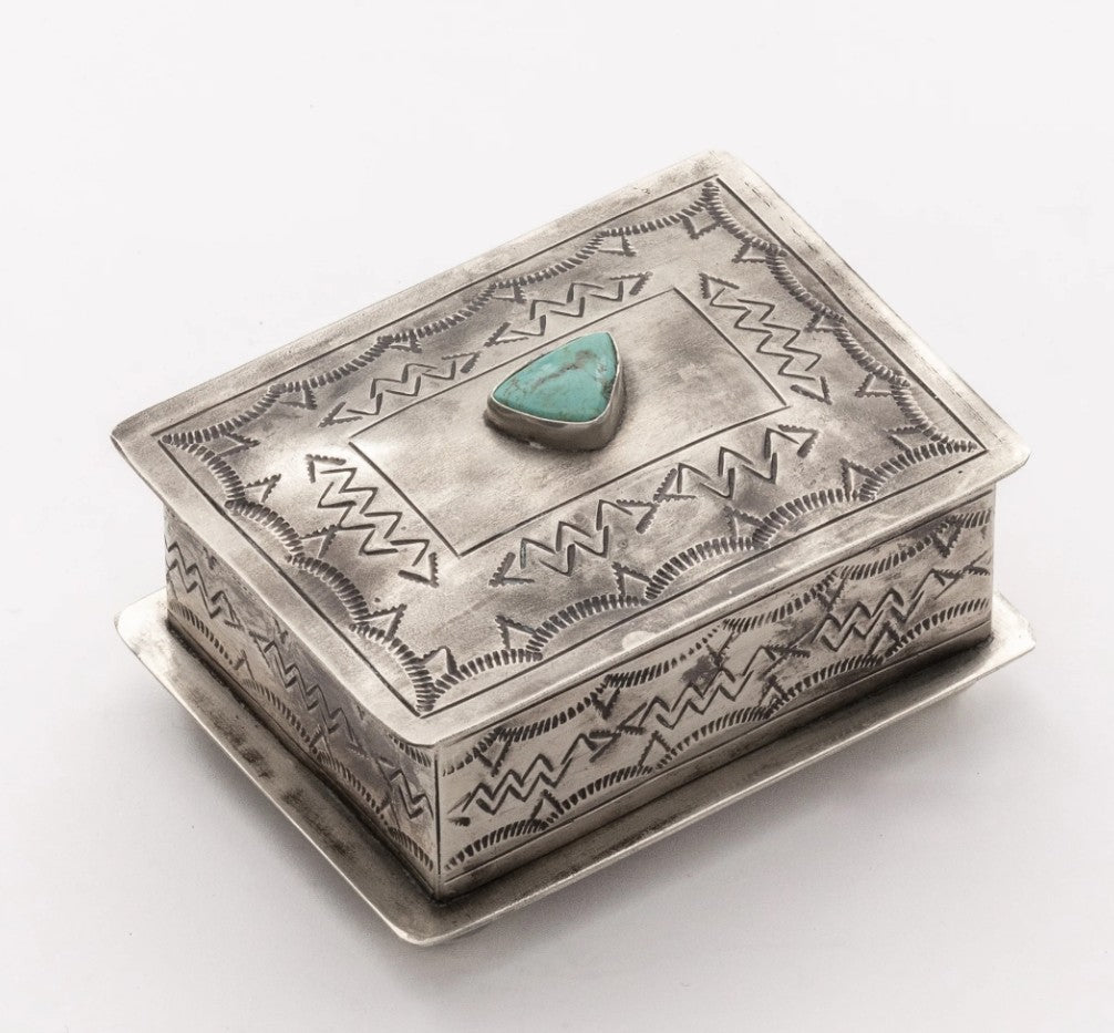 Small Stamped Silver Box with Turquoise