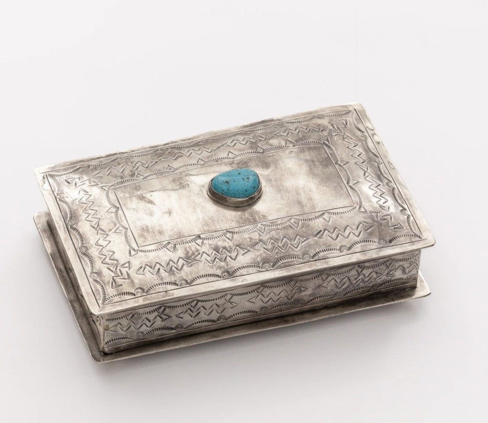Stamped Silver Rectangular Box with Turquoise