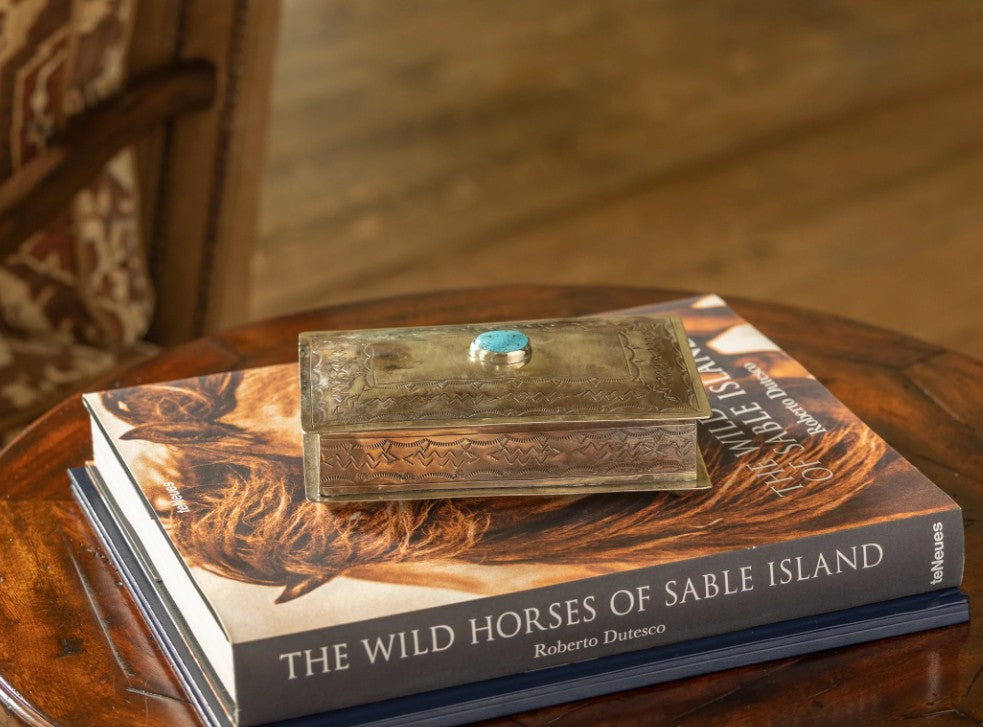 Stamped Silver Rectangular Box with Turquoise