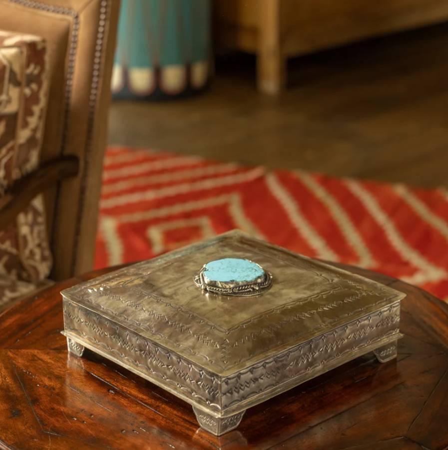 Large Stamped Square Box with Turquoise