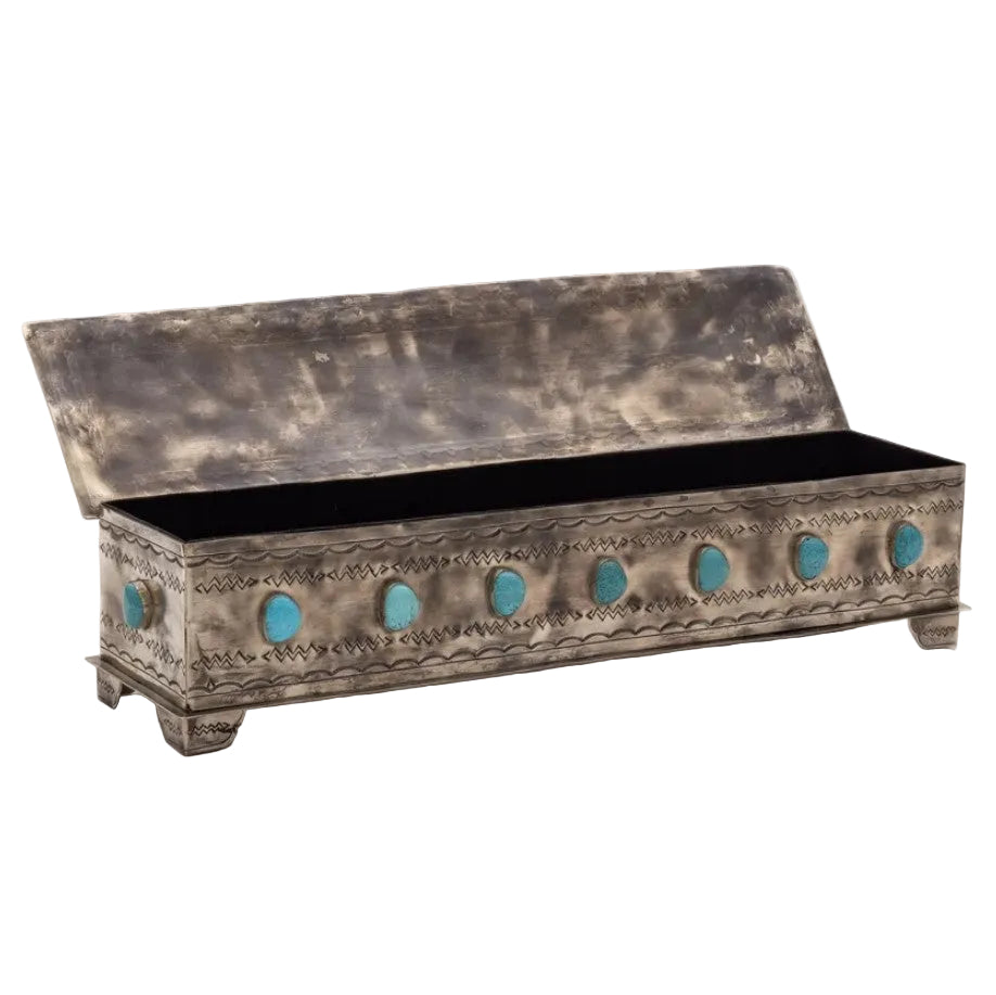 An antique-style sterling silver storage chest with a hinged lid, decorated with turquoise stone inlays, shown on a light gray background.