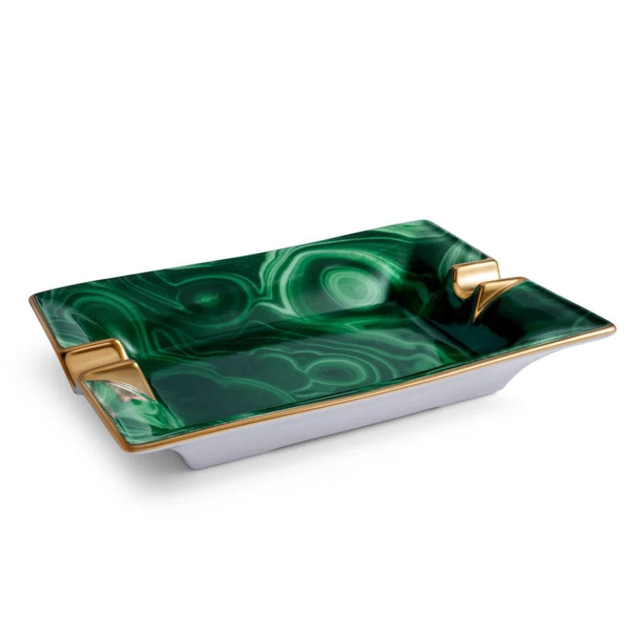 A rectangular ceramic ashtray with a green malachite pattern, gold trim, and gold handles, shown on a white background.