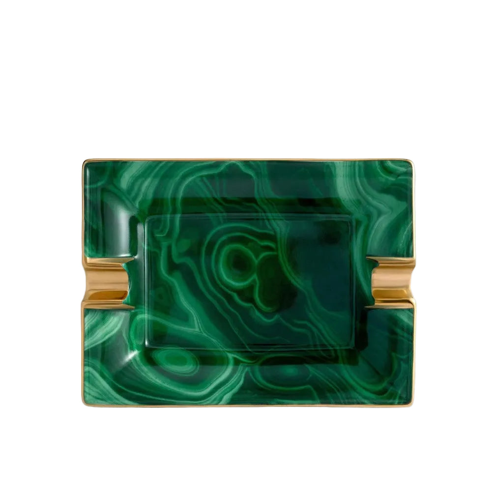 A rectangular smoking tray with a glossy green malachite pattern and gold-toned side accents, shown on a white background with a Windows desktop taskbar visible at the bottom.