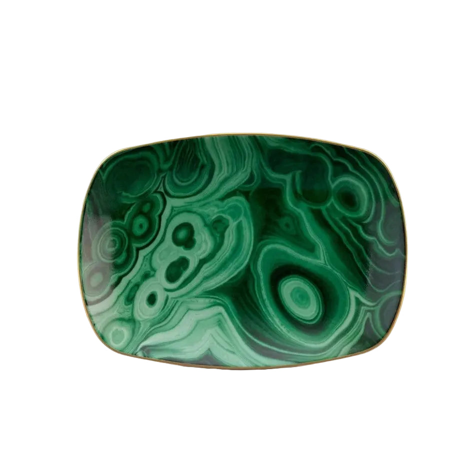 A rectangular serving platter with rounded corners, featuring a green and black malachite stone pattern, framed with a thin gold border, shown on a white background.