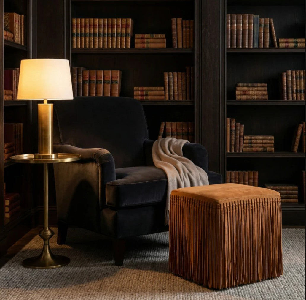 Square Leather Fringe Ottoman