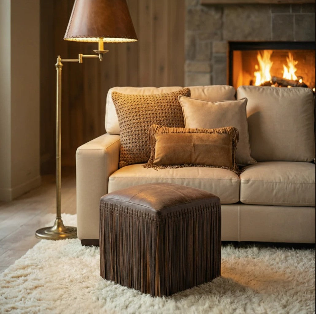 Square Leather Fringe Ottoman