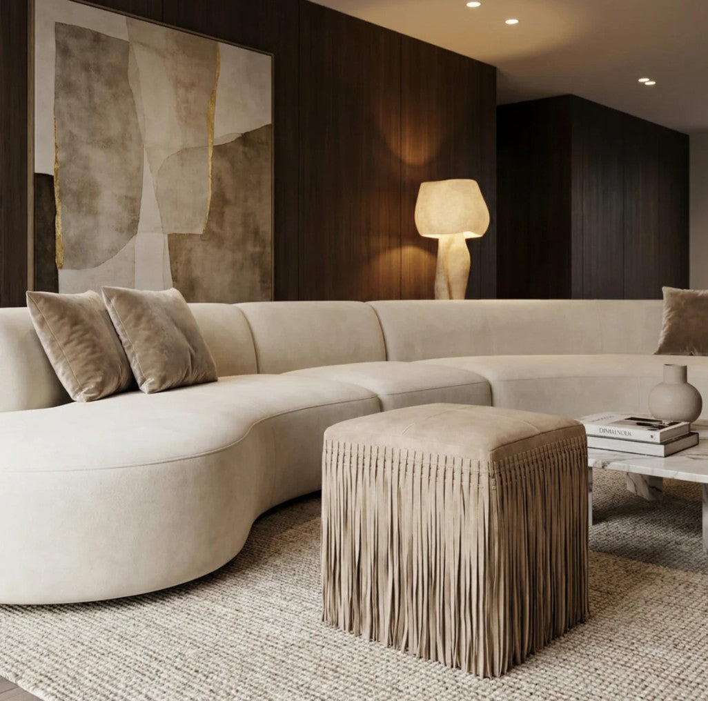 Square Leather Fringe Ottoman