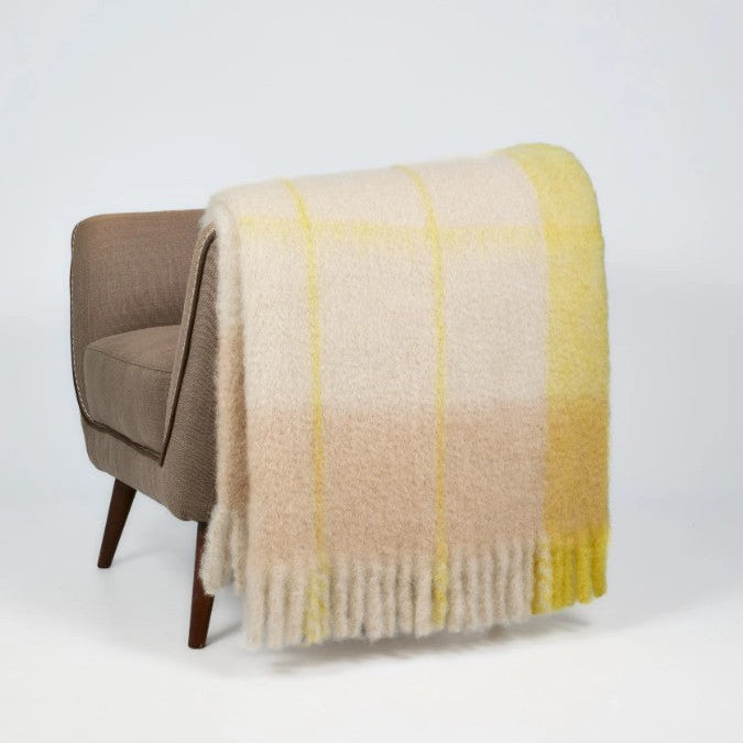 Plaid blanket draped over a chair on a white background
