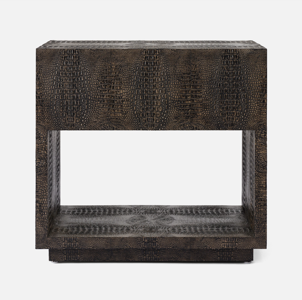 A rectangular side table with a dark brown and black crocodile skin textured finish, featuring a top surface, open lower shelf, and a matching base, shown against a plain white background.