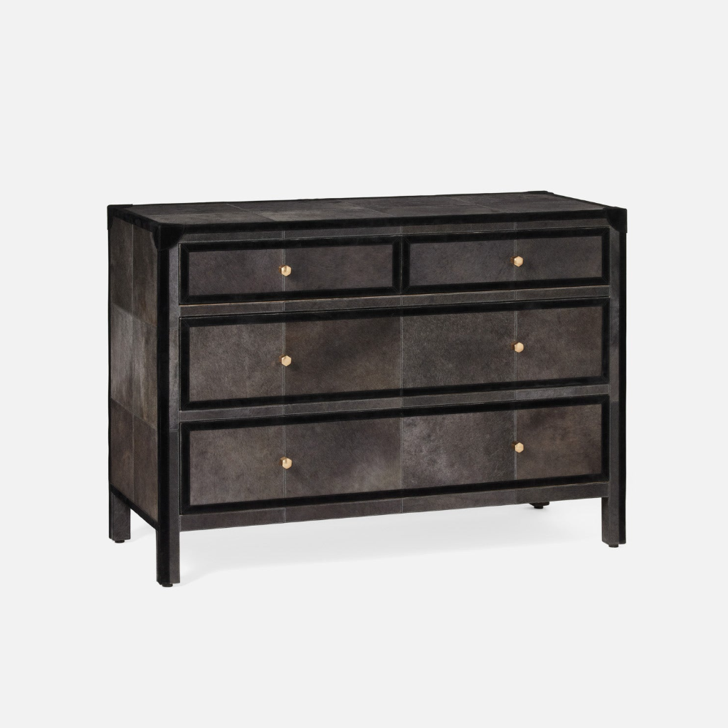 Black dresser with gold knobs on a white background