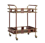 Two-tiered bar cart with wooden and brass accents on a white background