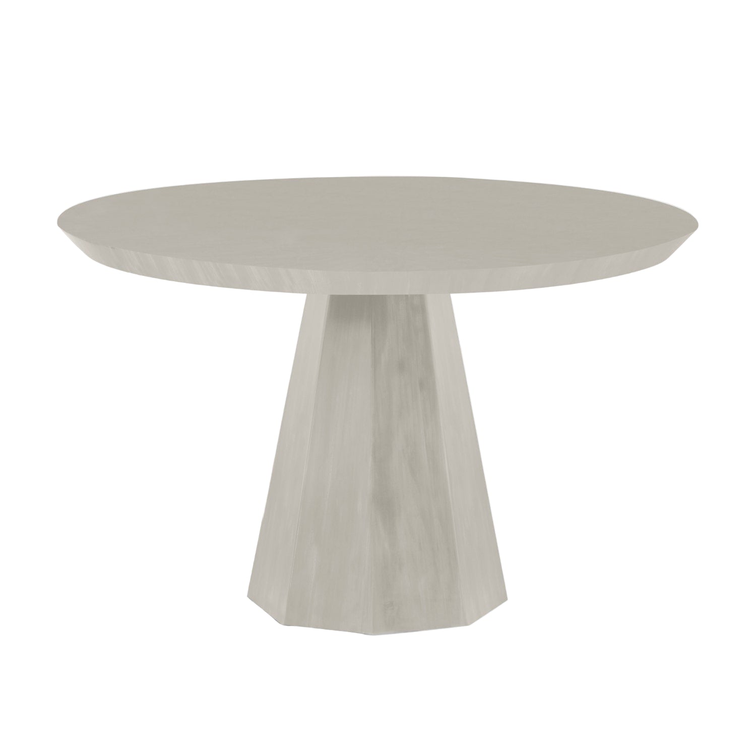 Round white table with a fluted base on a white background