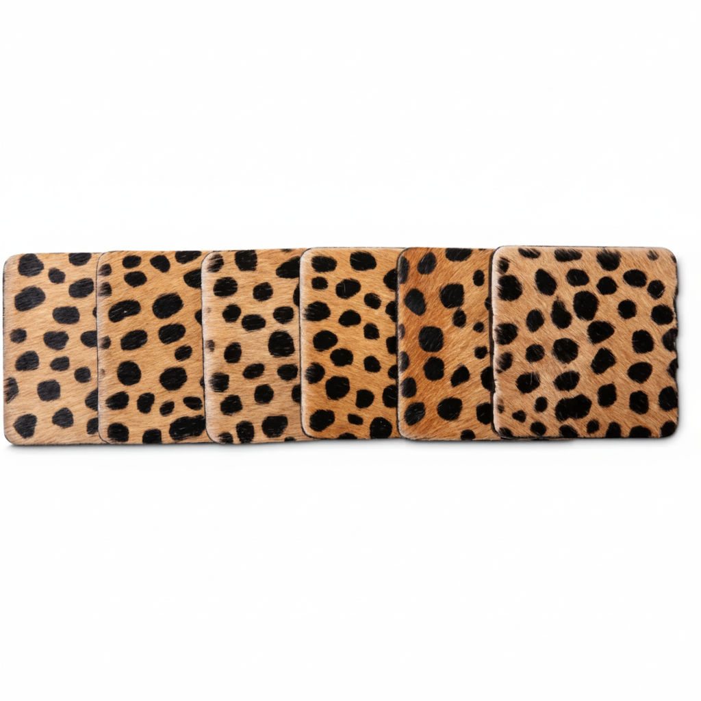 Five rectangular leopard-print coasters arranged in a row on a white background, with three small circular swatches below showing color options.