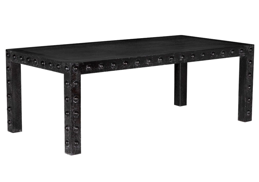 Black metal table with rivet details on a white background