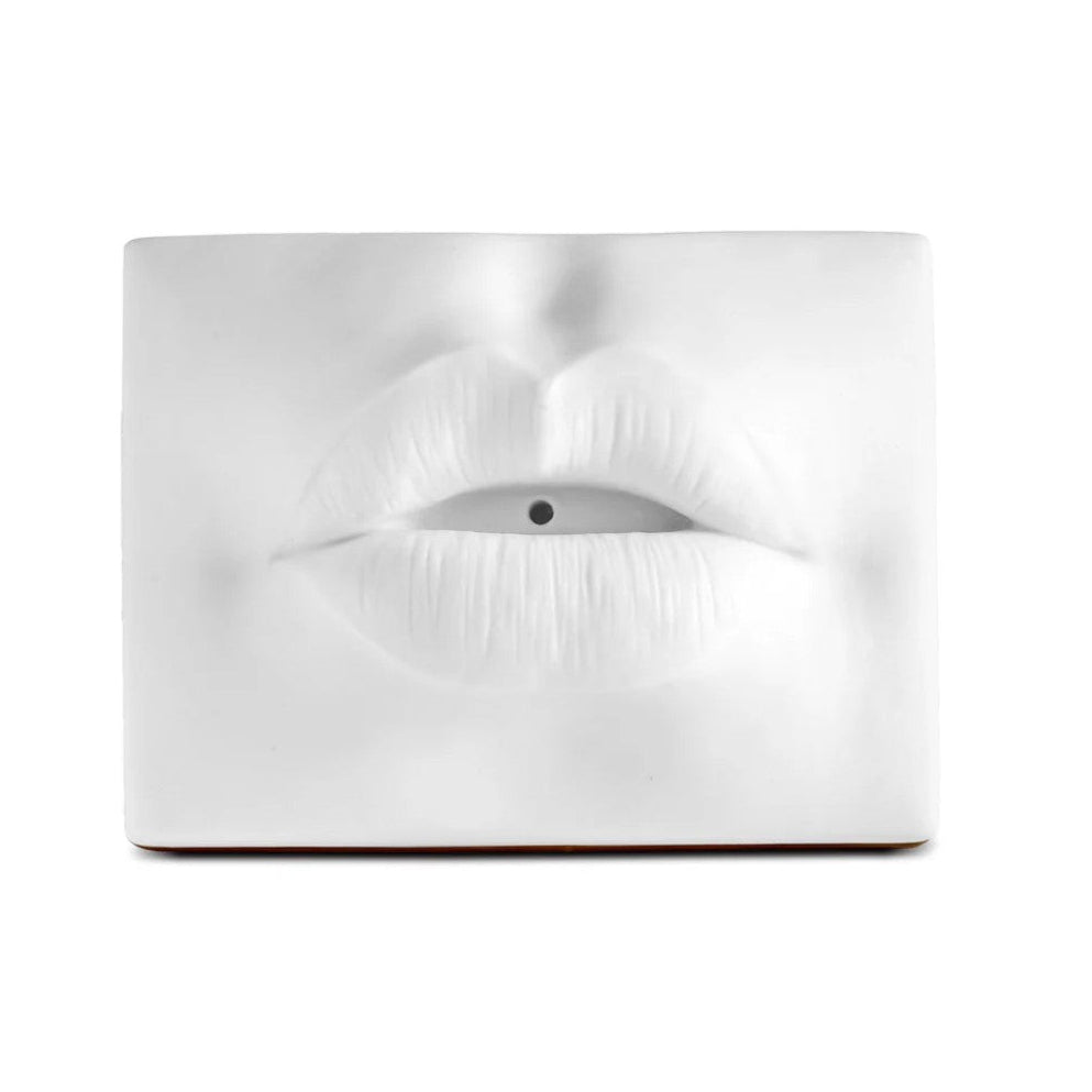 A white rectangular wall art piece featuring a sculpted pair of lips with a single black pupil, set against a plain white background.