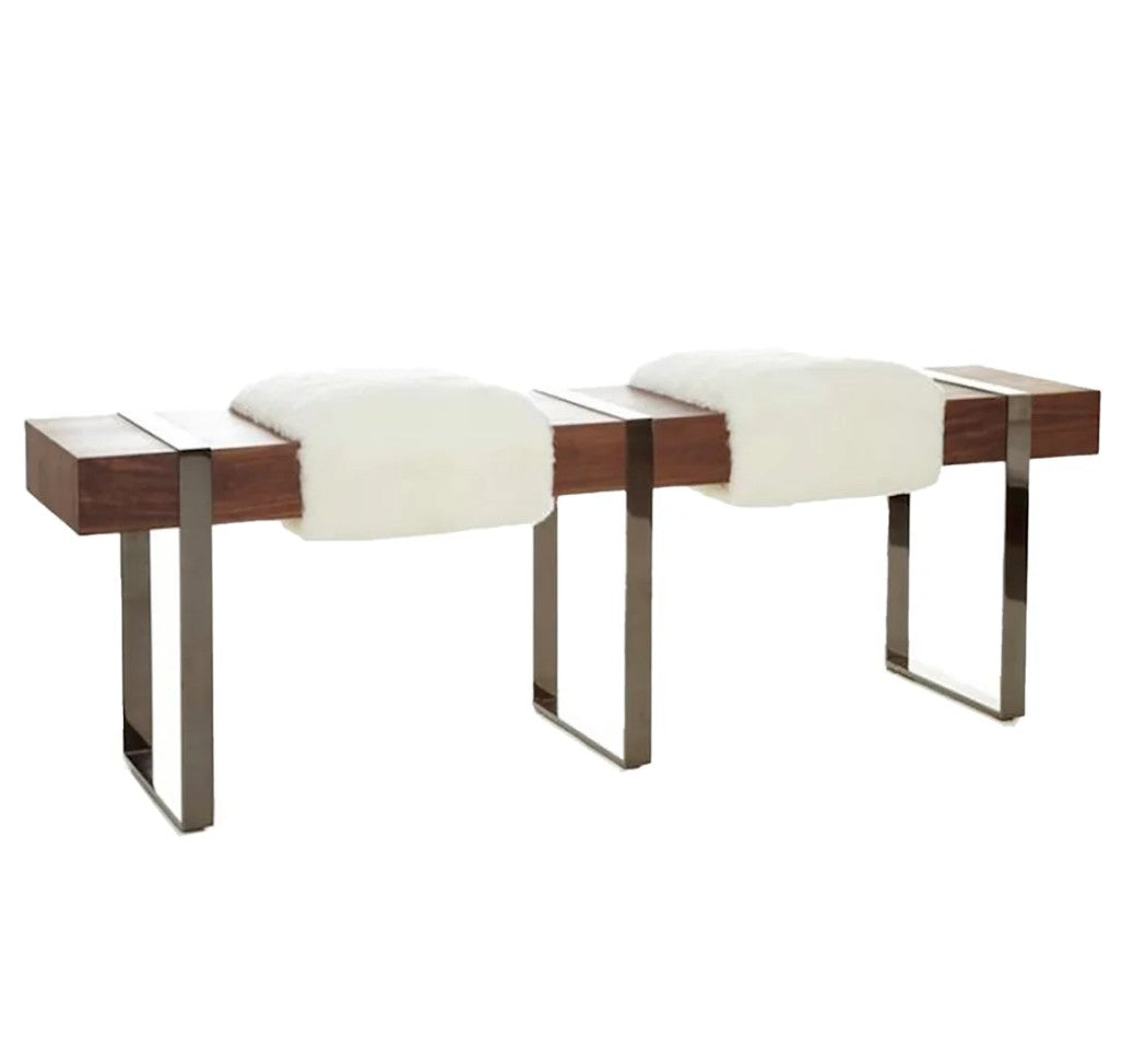 White Shearling Sheepskin Walnut Infinity Bench