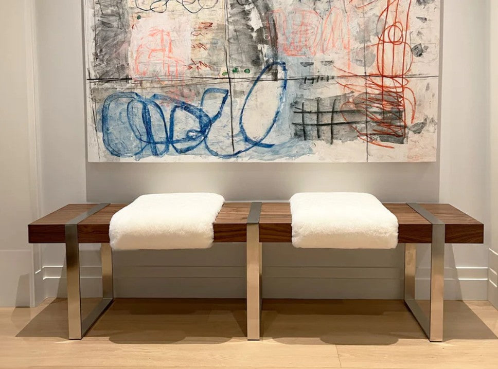 White Shearling Sheepskin Walnut Infinity Bench