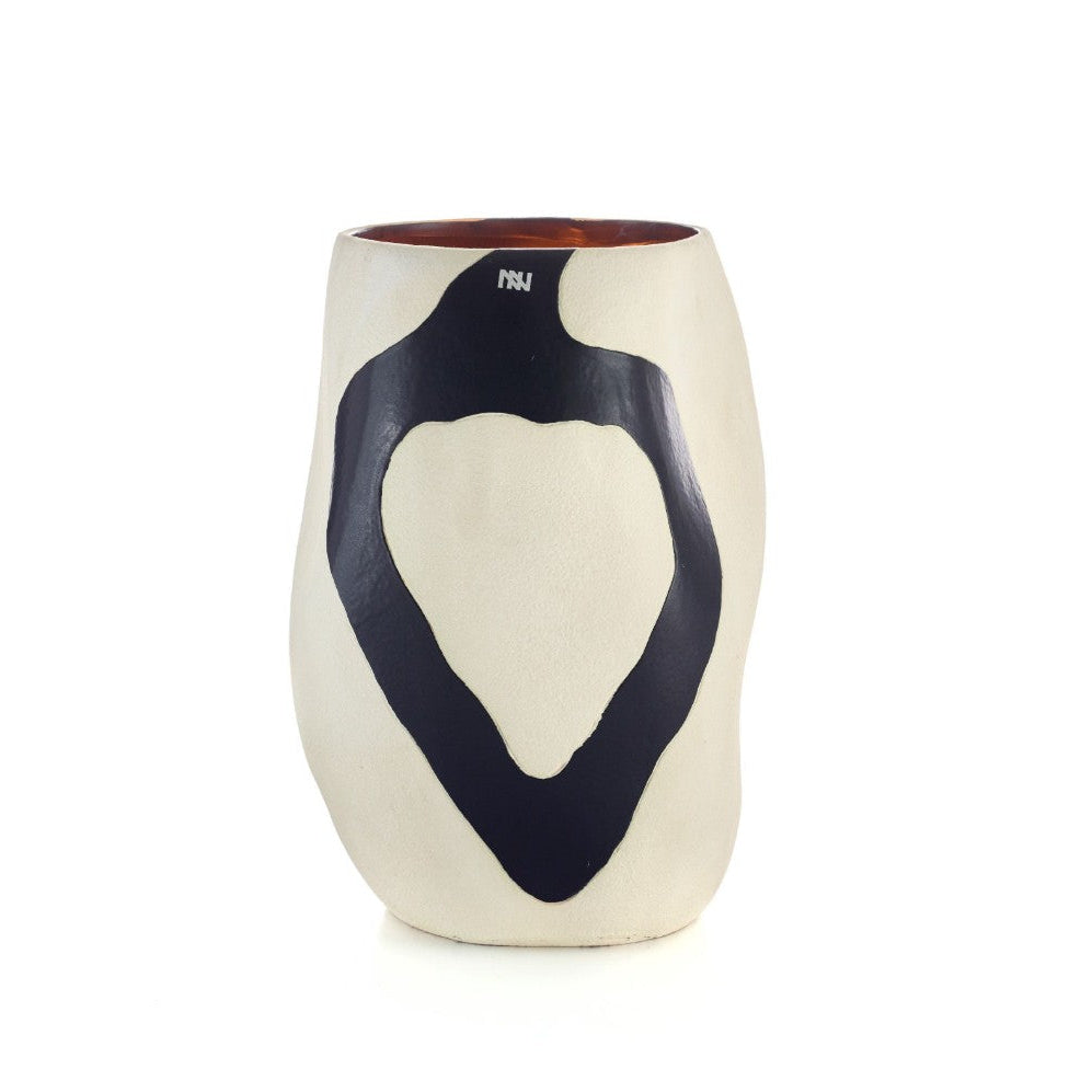 An off-white ceramic vase with a bold, organic black abstract shape on the front and a small white '1964' inscription near the rim, set against a plain white background.