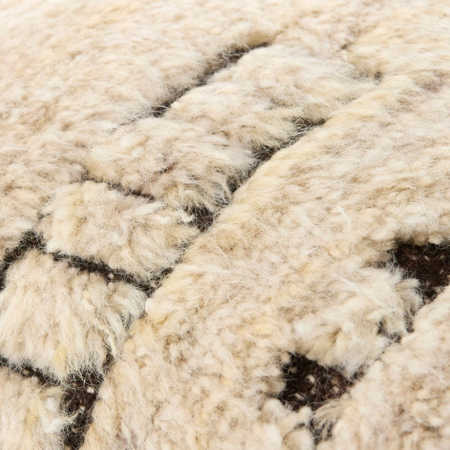 Close-up of a textured beige and brown rug with geometric pattern