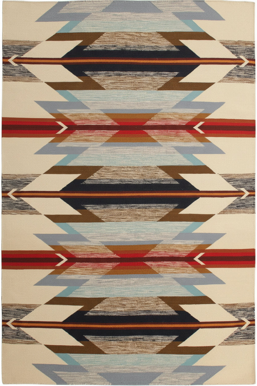 A Southwestern-style geometric area rug with a repeating chevron pattern in beige, brown, red, light blue, and gray, shown in a computer browser window.